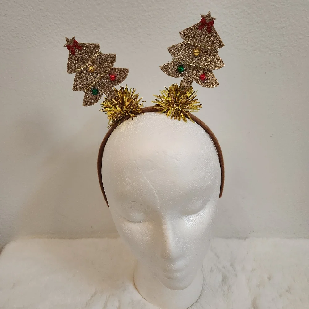 Cute Christmas Star Shape Gold Tinsel Tree With Ribbons headband